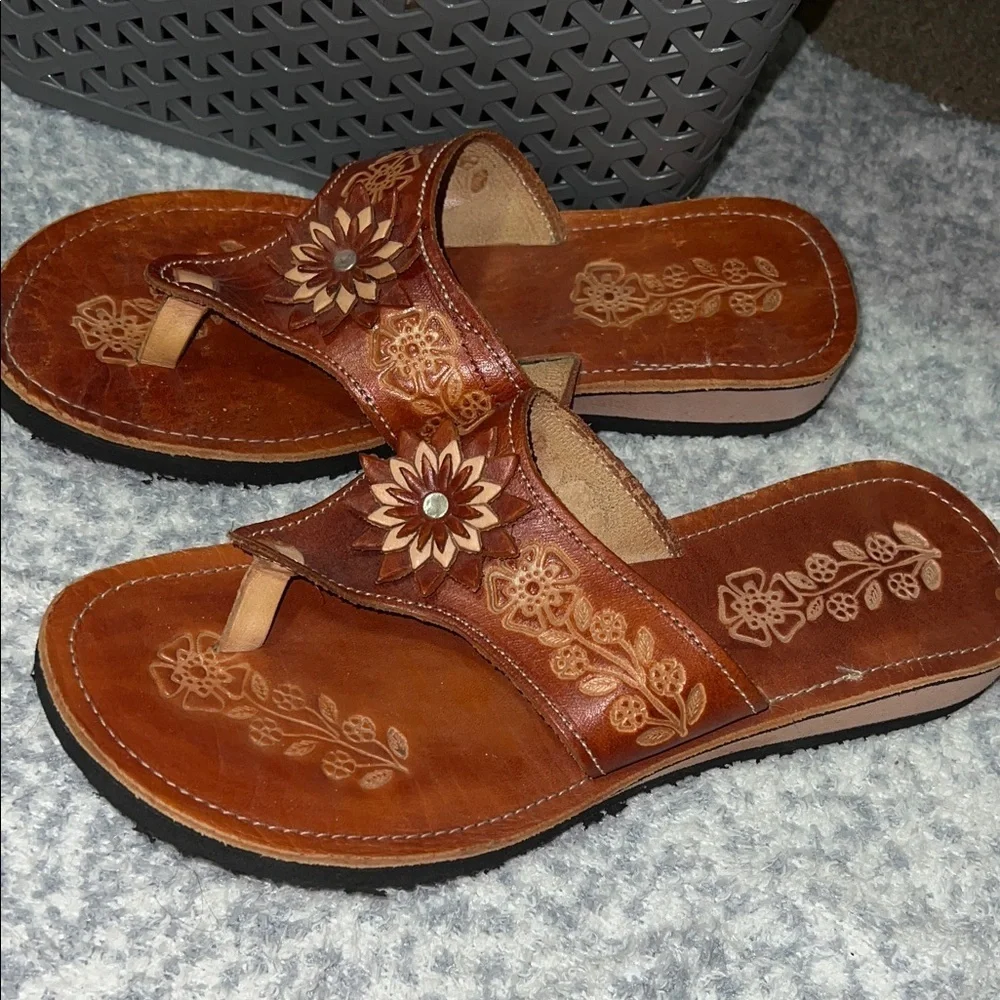 MEXICANA Brown Floral Original Leather Sandals Size 8 - Picture 1 of 7